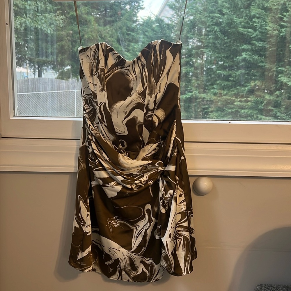 emory park strapless green and white mini dress with mock wrap/drape style SMALL